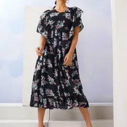 Selvia Women's Floral Print Flared Sleeve Fit & Flare Midi Dress-picture-10