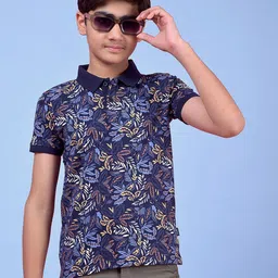 Crimsoune Club Boys Floral Printed Polo Collar Slim Fit Cotton T-shirt-picture-20