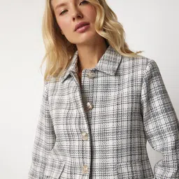 Happiness istanbul Women Checked Crop Tailored Jacket with Patchwork image 5