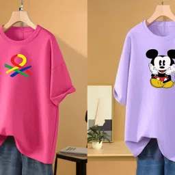 rapturous Pack of 2 Women Printed Round Neck Cotton Blend Pink, Purple T-Shirt-picture-12