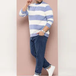 sztori Men Striped Round Neck Blue Sweater image 4