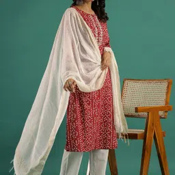 Sangria Bandhani Printed Round Neck Pure Cotton Straight Kurta With Trousers & Dupatta image 4