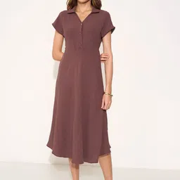 Annabelle by Pantaloons Women Solid Self Design Shirt Collar Fit & Flare Midi Dress-picture-28