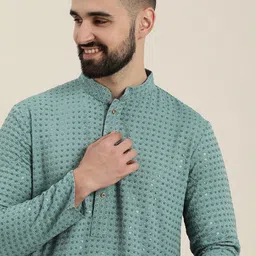 SWAGG INDIA Geometric Embroidered Mandarin Collar Sequinned Chikankari Kurta-image-78