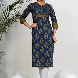 KALINI Women Blue Printed Cotton Straight Kurtas-image-37