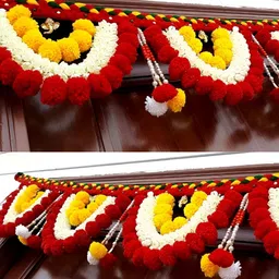 SATVIK CREATIONS Red & Yellow Pom Pom Thoran Festive Decor image 3