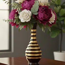 sundra Handcrafted Dark Wood & Gold Striped Designer Flower only Vase Wooden Vase image 5