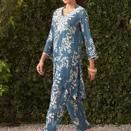 Lakshita Blue Printed Crinkled Crepe Tunic With Trousers Co-Ord Set For Women image 5