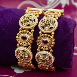 Panini jewels Set Of 2 Gold-Plated Ruby & Kundan With Stones And Pearl Studded Bangles image 3