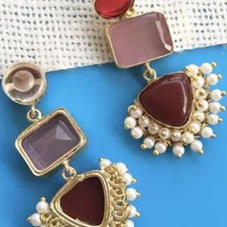 Bliss By Takshvi Brass-Plated Stones Studded And Beaded Geometric Drop Earrings image 2