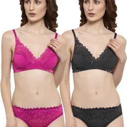 samvar Women Pink,Black Net Bra Panty Set for Lingerie Set Undergarments Pack of 2-picture-21
