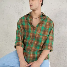 CHIMPAAANZEE Men Oversized Fit Tartan Checked Spread Collar Casual Shirt image 3