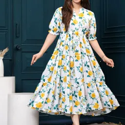 KHEJAL Floral Printed Puff Sleeve A-Line Cotton Midi Dress-picture-18