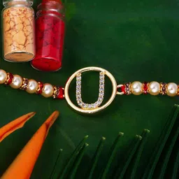 Vighnaharta Gold Plated Cubic Zirconia Studded U Alphabet Thread Rakhi-picture-36
