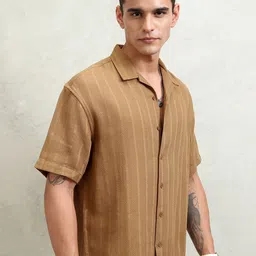 HIGHLANDER Men Cuban Collar Striped Cotton Oversized Casual Shirt image 3