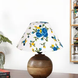 Aura White & Blue Printed Wooden Frustum Shaped Table Lamp image 4