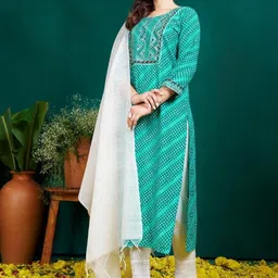 C J Enterprise Women Ethnic Motifs Printed Regular Thread Work Kurta with Churidar & With Dupatta image 5