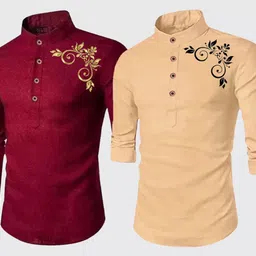 deemoon Pack of 2 Men Floral Print Cotton Blend Straight Kurta-picture-28