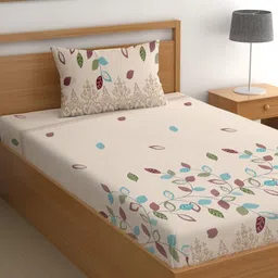 CG HOMES Beige & Turquoise Blue Floral 180 TC Single Bedsheet with 1 Pillow Covers-picture-34