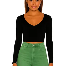 PUERY Women V-Neck Long Sleeves Cotton Crop Top-picture-17