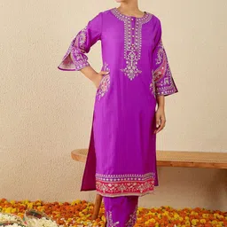 Indo Era Floral Yoke Design Round Neck Thread Work Straight Kurta & Dupatta with Trousers image 3