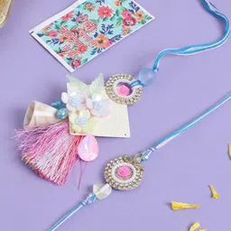 Sangria Artificial Stones Studded & Beaded Floral Bhaiya Bhabhi Rakhi With Roli Chawal-picture-25