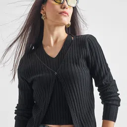 Tokyo Talkies Women V-Neck Cable Knit Pullover image 1