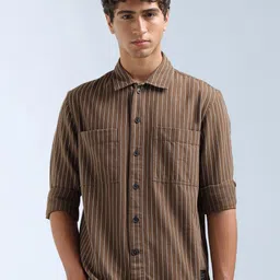 Flying Machine Men Slim Fit Vertical Striped Spread Collar Pure Cotton Casual Shirt-picture-25