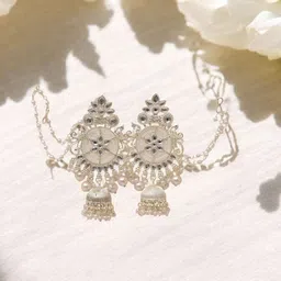 MEIRA JEWELLERY Silver Plated Kundan Stones Studded & Pearls Beaded Dome Shaped Jhumkas-picture-23