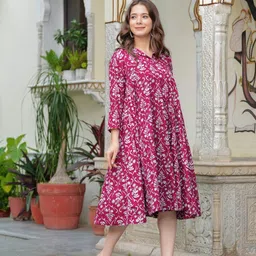Jollity Floral Printed Shirt Collar A-Line Pleated Kurta image 5