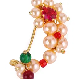 SALONI FASHION JEWELLERY Women Set Of 2 Red & Gold-Plated Pearls Septum Brass Nose Pin image 5
