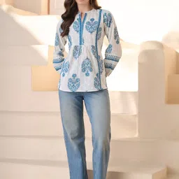 Stylum Print Mandarin Collar Puff Sleeve Ethnic Cotton Top image 3