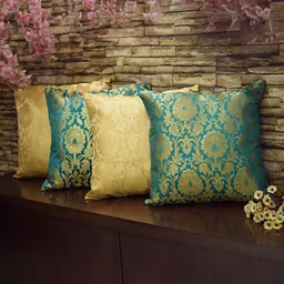 RoyalDeco Green & Gold-Toned 4 Pieces Embroidered Square Cushion Covers-image-59