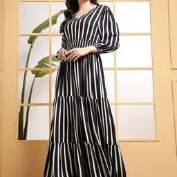 raiyani enterprise Women Fit and Flare Black, White Maxi/Full Length Dress image 3