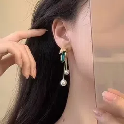 Celestique Gold Plated Pearls Beaded Enamelled Leaf Shaped Drop Earrings-picture-34