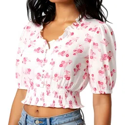 glitchez Floral Print Ruffle Trim Smocked Cotton Blouson Crop Top image 4