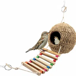 Earthenware Jute Bird Nest House Hut Cage Feeder for Bird House for Small Birds Jute, Earthenware Chew Toy For Bird-image-10