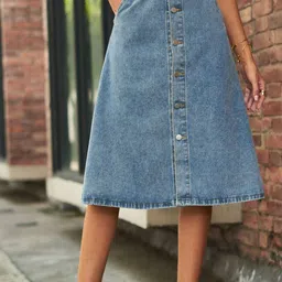 all about you A-Line Knee Length Washed Denim Skirt-picture-19