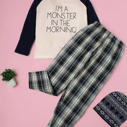 RAINE AND JAINE Boys Text Printed & Checked Pure Cotton T-shirt with Trousers Night Suit-picture-26