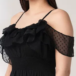 Globus Off Shoulder Self Design Ruffles Detail Smocked Fit & Flare Midi Party Dress image 4