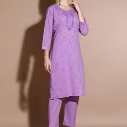 Anouk Purple Floral Printed Mirror Work Pure Cotton Straight Kurta With Trouser image 3