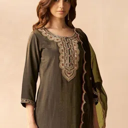 Indo Era Women Ethnic Motifs Embroidered Regular Thread Work Liva Kurta with Trousers & With Dupatta-picture-20