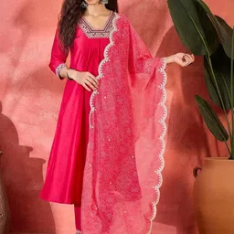 Moda Rapido Women Embroidered Regular Kurta with Trousers & With Dupatta-picture-18