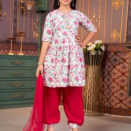 BAESD Girls Floral Printed Round Neck Zari A-Line Kurta With Dhoti Pants & Dupatta-picture-39