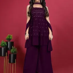 PARROT CREATION Floral Embroidered Sequinned Georgette Kurti With Palazzos And Dupatta-picture-47