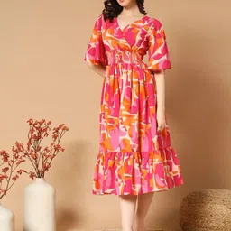 Femvy Women Printed Flared Sleeves Smocked Wrap Midi Dress-picture-10