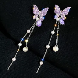 Zaphariq Silver-Plated Cubic Zirconia Studded Korean Butter Fly Drop Earrings image 2