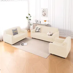 HOKIPO Aria Nova Cream-Coloured 3 Pieces Self Design 6 Seater Sofa Cover With Arms image 3