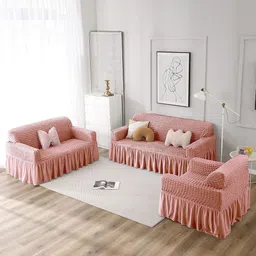 Cortina 3 Pieces Pink Checked C-Shaped Sofa Covers-picture-16