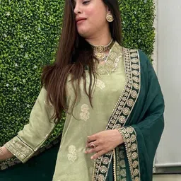 KALINI Floral Woven Design V Neck Kurta With Trousers & Dupatta image 2